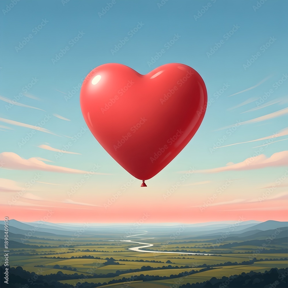 Fototapeta premium A surreal illustration of a heart-shaped balloon gently floating above a quiet landscape, soft pastel sky, minimalist composition, symbolic love and freedom, no people, no text, and commercial style.