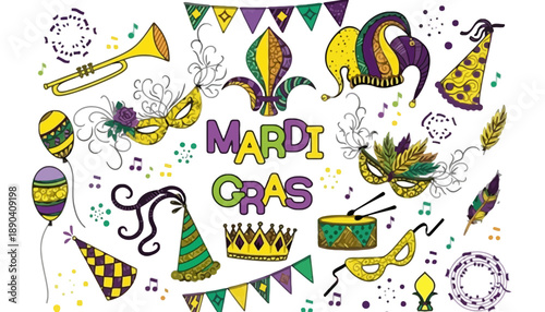 A colorful Mardi Gras celebration with festive decorations and symbols