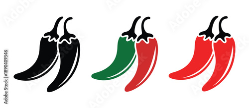 Pairs of chili peppers in black, green, and red, isolated vector design on white background for rank titles, spice and food illustration, cooking projects, packaging graphics, culinary branding,