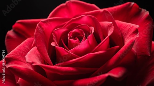 Close-up of a single red rose on a black background, highlighting its petals