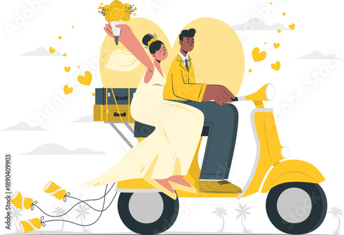 Joyful wedding couple on a yellow scooter with flowers,A whimsical vector illustration of a newlywed couple riding a bright yellow scooter, decorated with flowers, against a backdrop of clouds