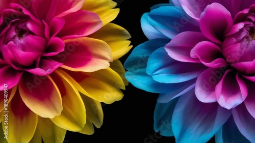 Colorful dahlias in close-up, against a dark background