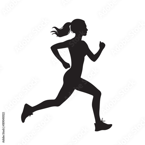 Silhouette of a woman with a high ponytail running in profile against a white background