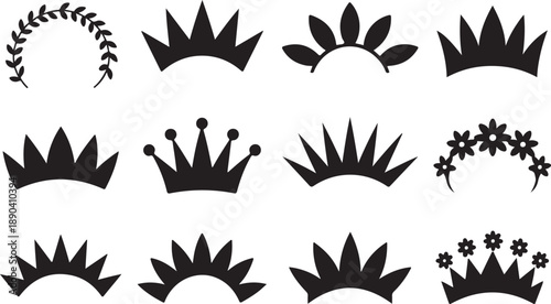 Collection of Black Silhouette Crowns and Laurel Wreaths on White Background Keywords: crown, silhouette, icon, symbol, royalty, king, queen, princess, crest, emblem, award, victory, laurel wreath