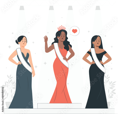 Three women in elegant gowns at a beauty pageant,A vector illustration featuring three women in formal gowns participating in a beauty pageant. The central figure wears a tiara.