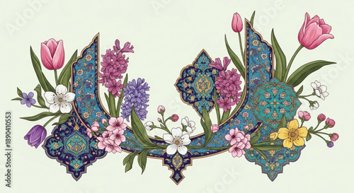 Colorful floral arrangement with blue patterned leaves on light green background