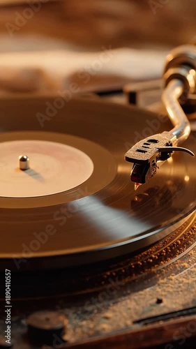 Close-up of a vintage vinyl record spinning on a turntable with a needle in the groove