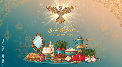 Traditional nowruz haft seen table setting with symbolic items