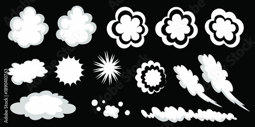 Collection of white explosion and smoke effects on a black background
