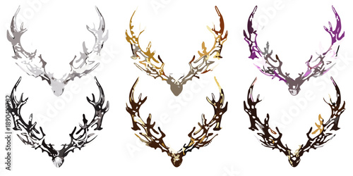 Four sets of stylized deer antlers in varying color palettes