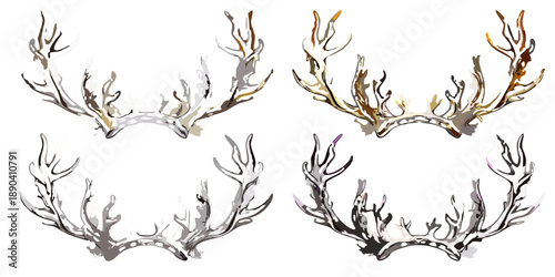 Four stylized deer antlers presented against a dark black background