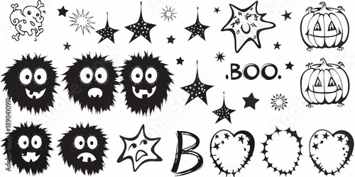 A collection of hand drawn halloween themed illustrations in black and white