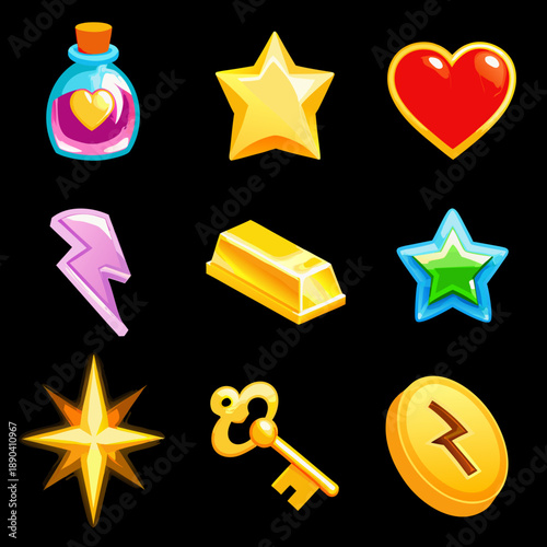 Colorful collection of game icons including hearts stars and potions