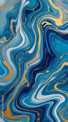 Abstract art with swirling blue, white, and gold paint in the background with a large white empty space on the right for text or design