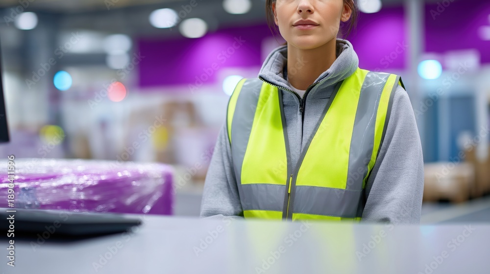 Naklejka premium Young female warehouse worker wearing safety vest in industrial setting