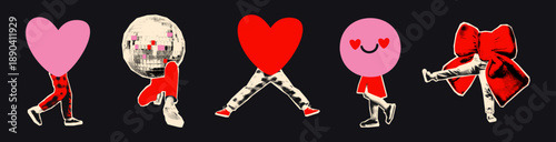Red and pink hearts with halftone legs jumping, walking, funny playful bow cut out elements set for collage. Halftone cut out stickers with doodles. Modern retro mixed media vector illustration