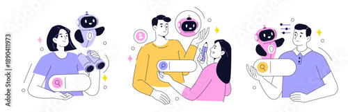 Characters using ai seo services to optimize websites and improve search performance. Marketing and content optimization concept set. Vector outline illustration.