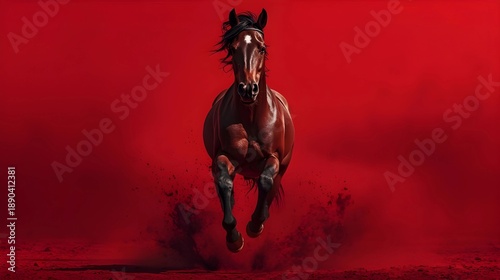 A powerful dark bay horse with a white star on its forehead gallops directly toward the viewer, kicking up dark dust against a vibrant, saturated red background.
