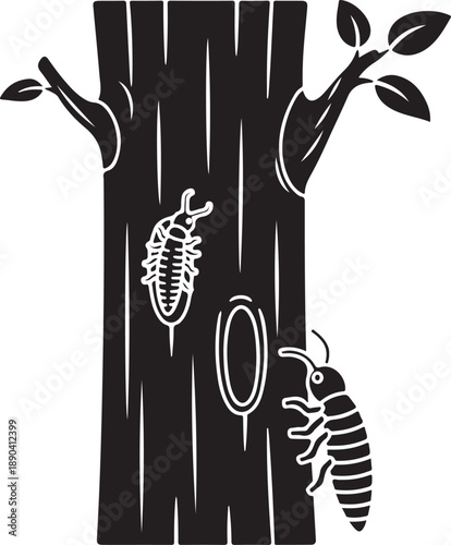 Black and white of insects on a tree trunk with leaves bark