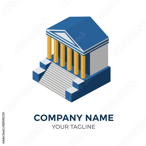 Blue Building Icon with Columns and Steps.