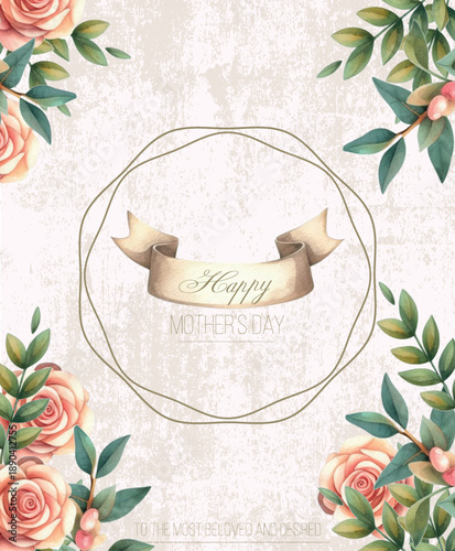 Watercolor Mother's Day Card with Roses in Beige and Pink