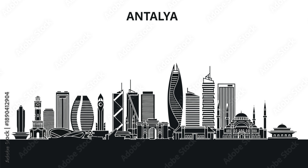 Fototapeta premium Antalya skyline a black and white illustration of the turkish city