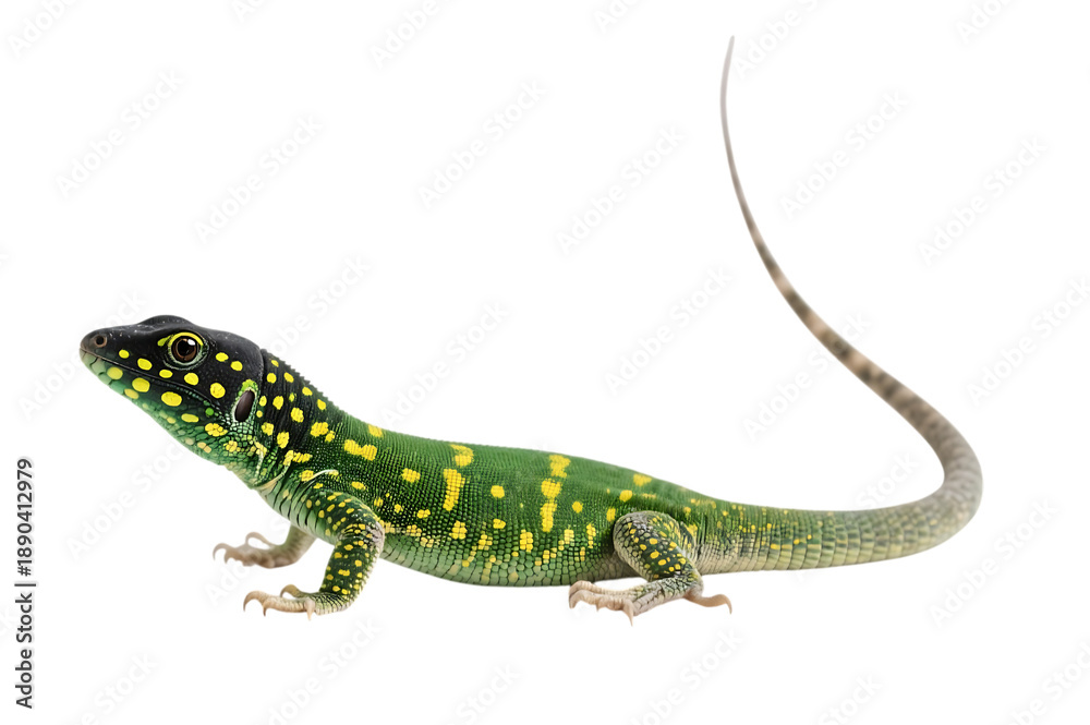 Fototapeta premium Green ameiva lizard with yellow spots on transparent background