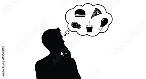 A man in silhouette contemplates various food items within a thought bubble