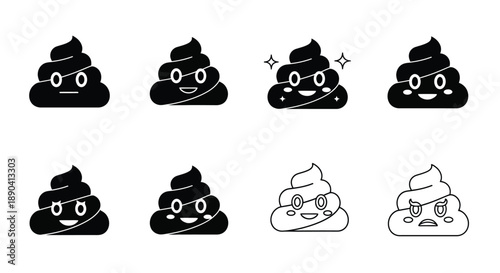 Cute poop emoji icons with varying expressions and styles displayed together