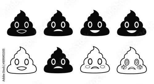 Collection of cartoon poop emojis with varying facial expressions on a white background