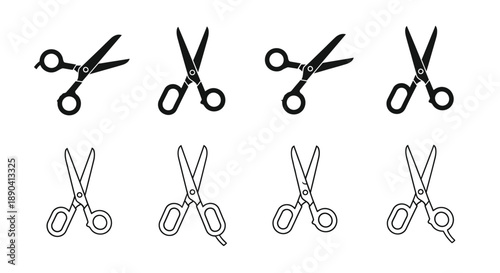 Multiple pairs of black and white scissors arranged in a grid pattern