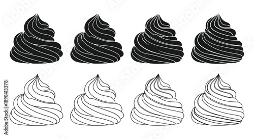 Black and white illustration of swirls resembling whipped cream or frosting