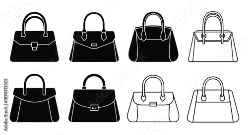 Collection of fashionable handbags in black and white line art
