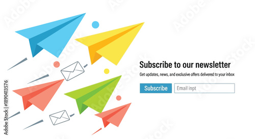 Colorful paper airplanes fly towards a newsletter subscription form