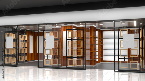 Fotografie Modern realistic glass storefront with wooden display cases and blank signs