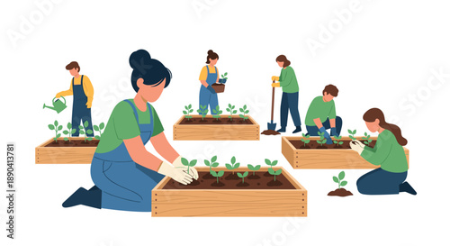 Diverse community gardeners planting seedlings in wooden raised beds during a sunny outdoor spring activity.