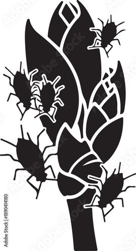 Black silhouette of aphids on a plant stem and leaves insect pest