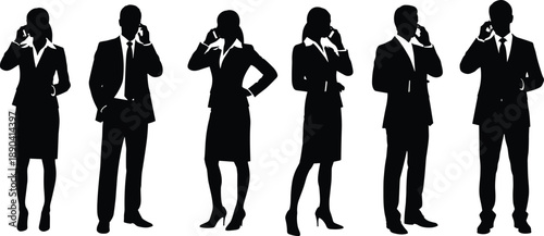 Business people silhouettes talking on mobile phones, professional men and women in suits using smartphones, corporate communication, cad drawing flat vector illustration