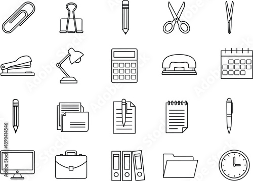 A grid of office supplies and stationery items presented as line art icons