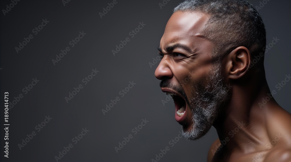Obraz premium African American man screaming in anger, close up portrait on dark gray background. Concept of rage, stress, emotion, frustration and mental health.