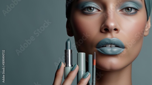 Woman with blue lipstick and eye makeup holding matching cosmetics. Beauty product promotion and fashion concept for makeup advertisement.