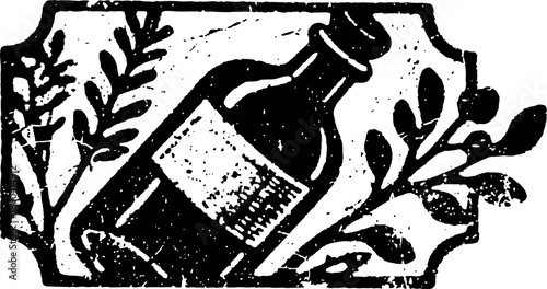 Vintage bottle illustration with decorative leaves and framed border design