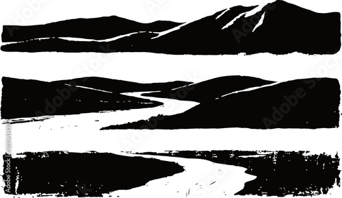 black and white mountain rivers flowing through forest and valley landscapes nature scene silhouette set