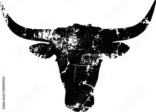 Black distressed longhorn bull skull silhouette with cracks on white background