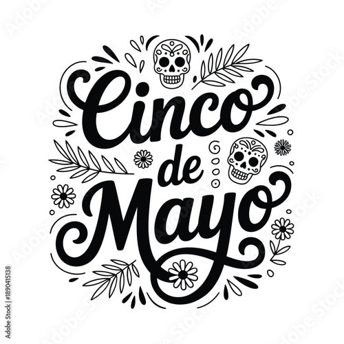 Cinco de mayo decorative lettering with skull and floral elements illustration
