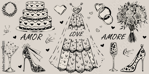 Elegant wedding themed sketch featuring cake dress and floral arrangements