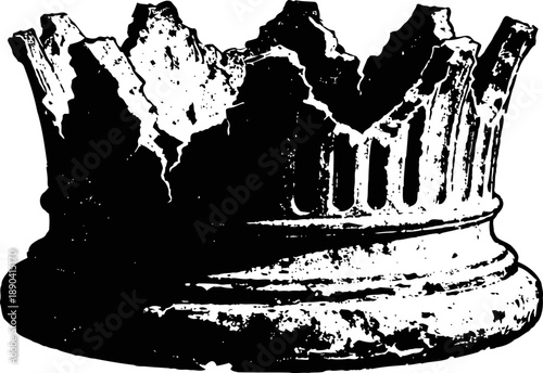 Ancient broken crown illustration with jagged edges and detailed texture in black and white