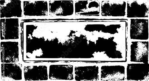 Grunge rectangular stamp with distressed texture and surrounding square marks on white background