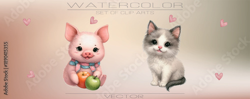 Charming watercolor illustrations of cute home pets. Cats, dogs, and fluffy bunnies.