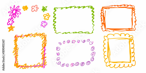 Photos Colorful childlike drawings of flowers stars and various frame shapes